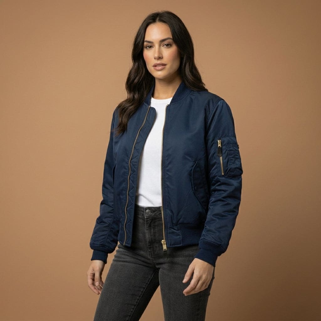 Woman wearing a green bomber jacket with ribbed trims and zipper closure over a white top and black jeans._8
