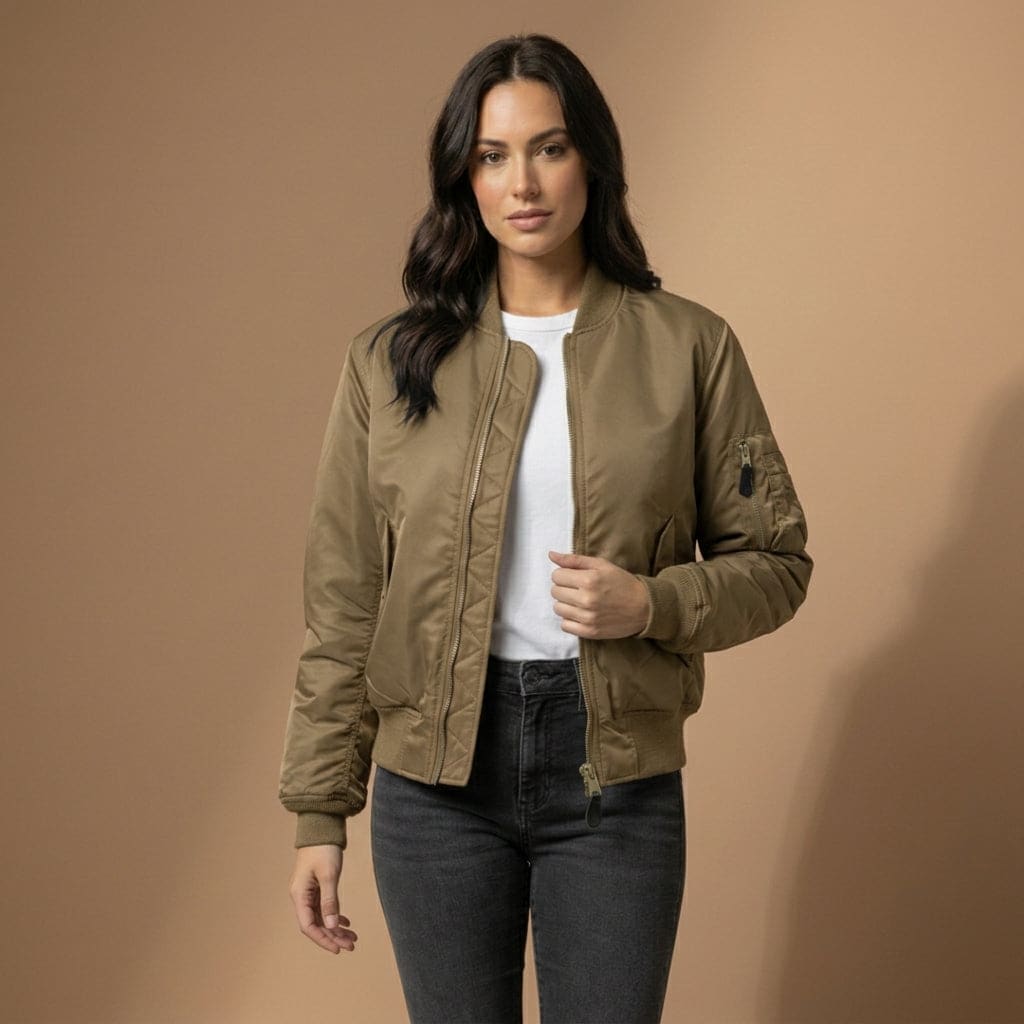 Woman wearing a green bomber jacket with ribbed trims and zipper closure over a white top and black jeans._9