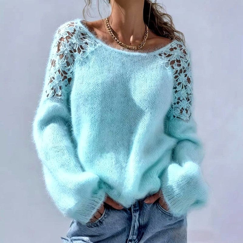 Poppy | White lace shoulder knit sweater with wide neckline and balloon sleeves