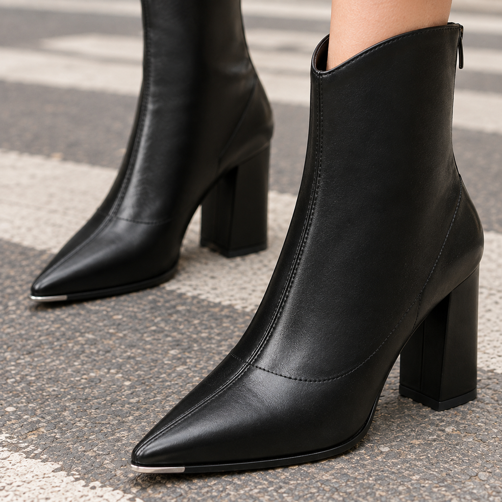 Black pointed toe ankle boots with block heels and silver toe caps worn with black trousers on a city crosswalk._1