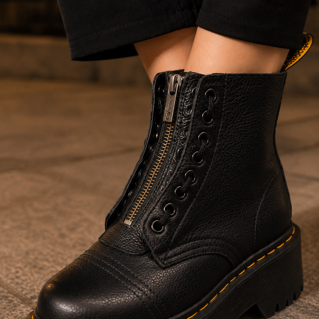 Pair of black ankle boots with a front zip, decorative eyelets, chunky platform lug sole and yellow contrast stitching worn with black cropped trousers._1