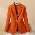 Front view of a tailored one button blazer with notched lapels, welt pockets, and long sleeves on a hanger._0