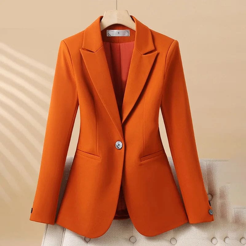 Front view of a tailored one button blazer with notched lapels, welt pockets, and long sleeves on a hanger._0