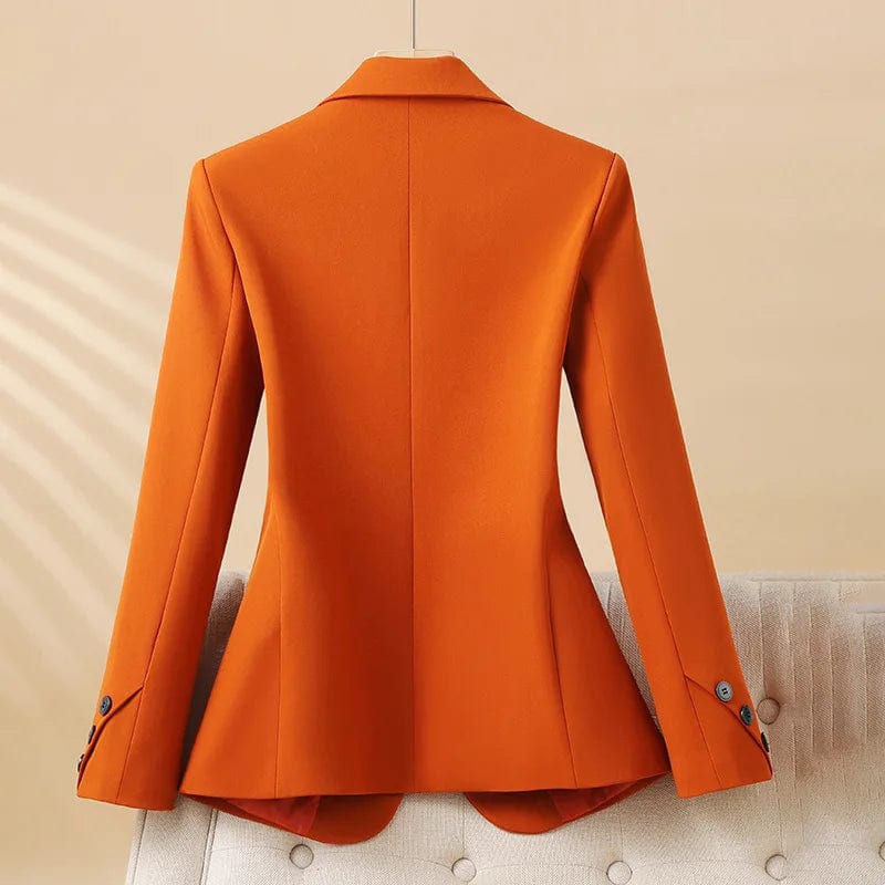 Front view of a tailored one button blazer with notched lapels, welt pockets, and long sleeves on a hanger._1