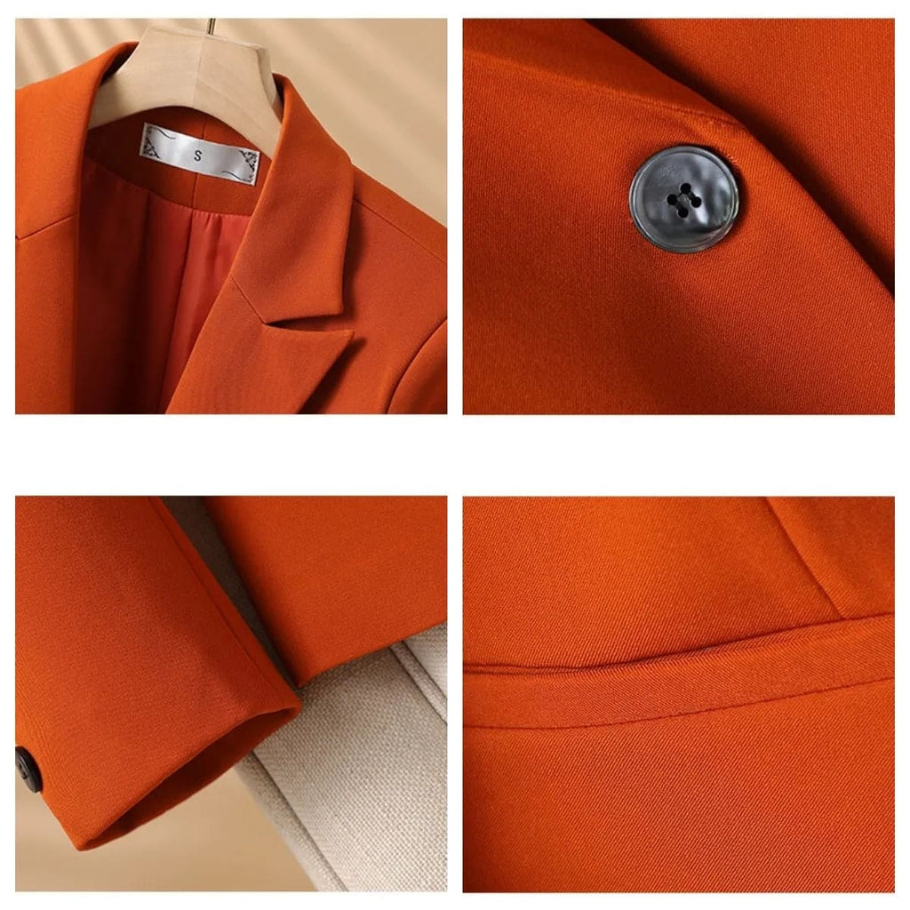 Front view of a tailored one button blazer with notched lapels, welt pockets, and long sleeves on a hanger._4