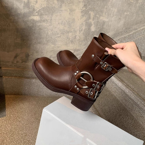 Amanda | Buckled Ankle Boots with Harness Detail and Low Block Heel