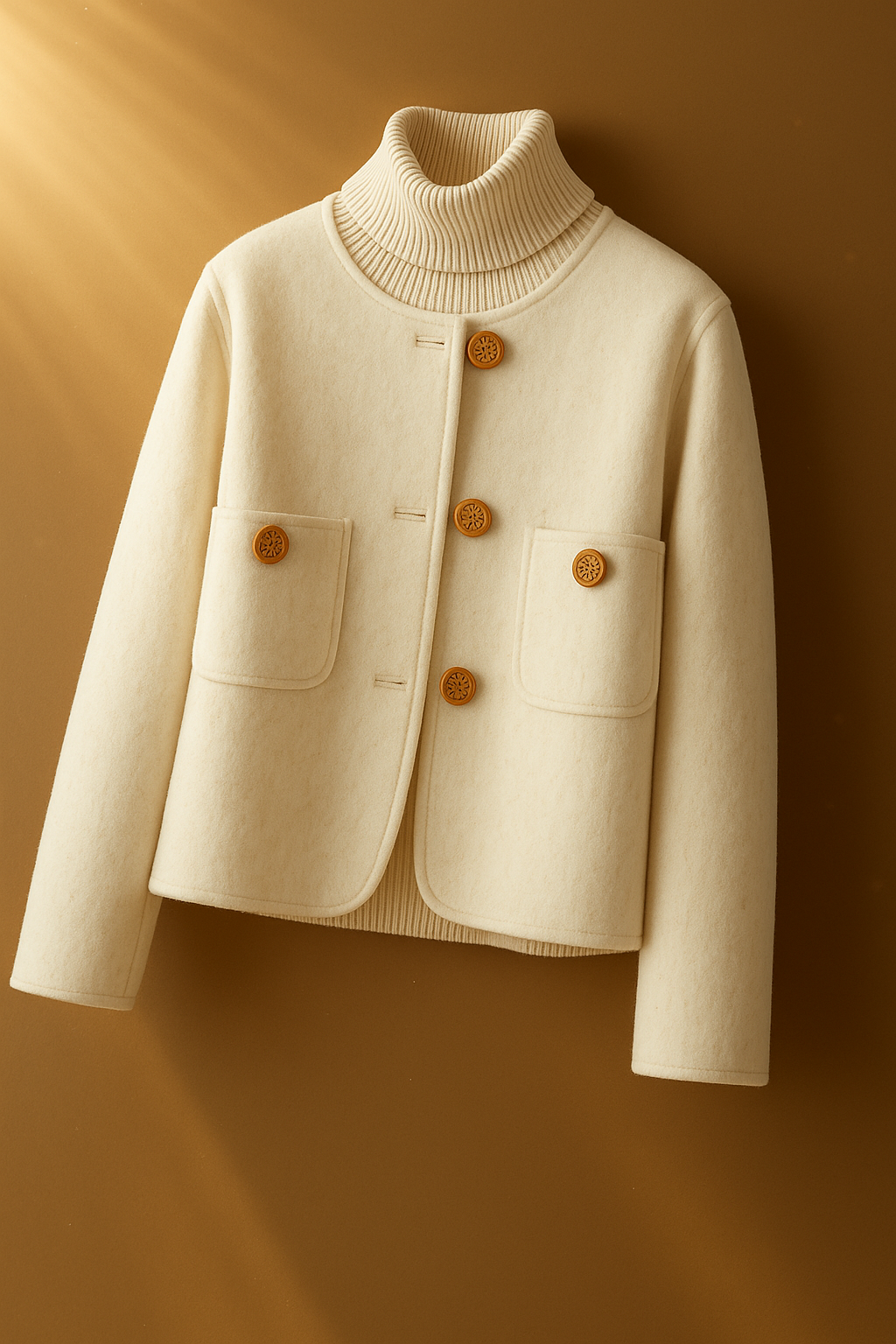 Woman wearing a button-front jacket with round neckline over a turtleneck sweater and beige trousers in natural light_10