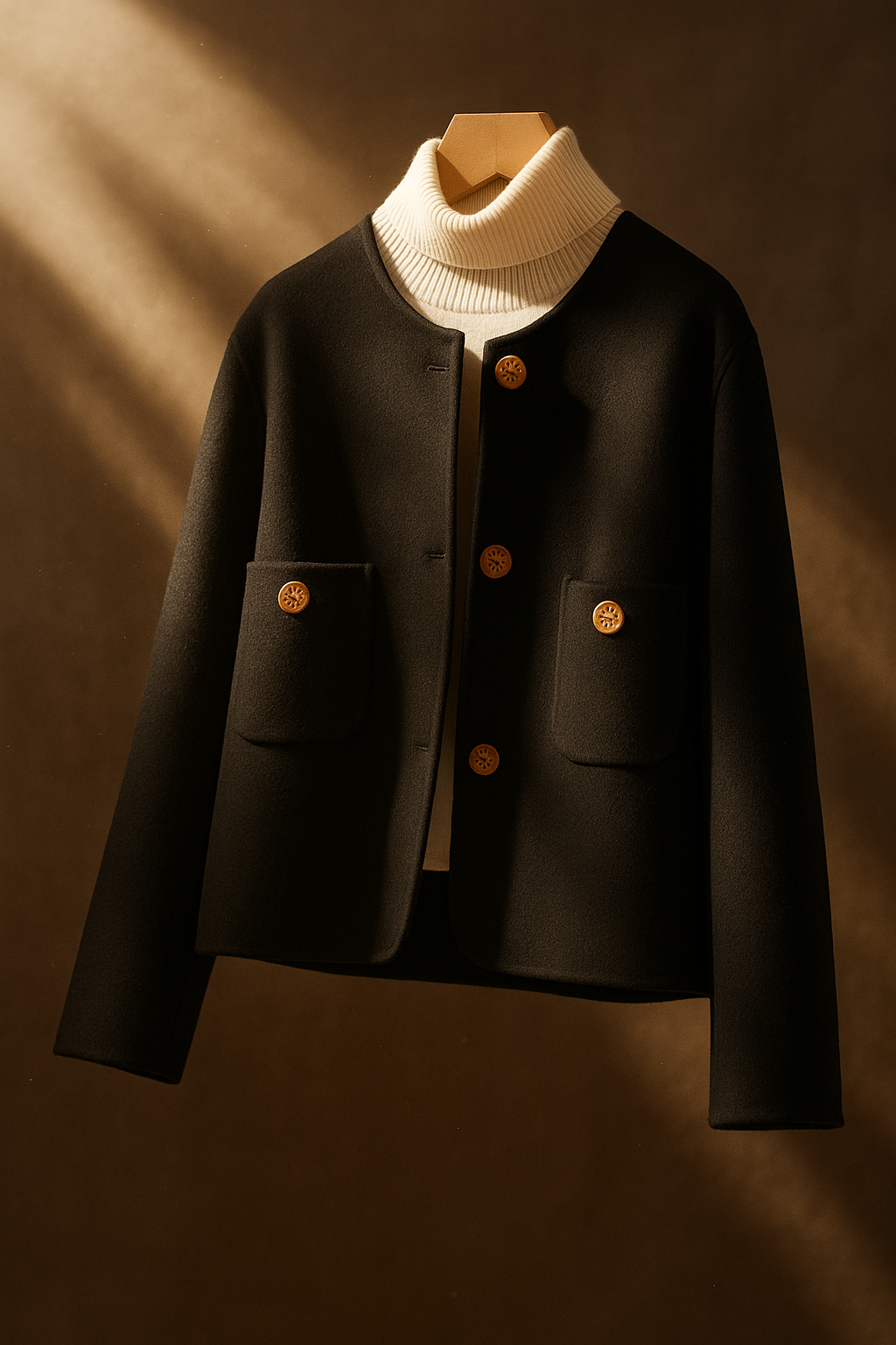 Woman wearing a button-front jacket with round neckline over a turtleneck sweater and beige trousers in natural light_18