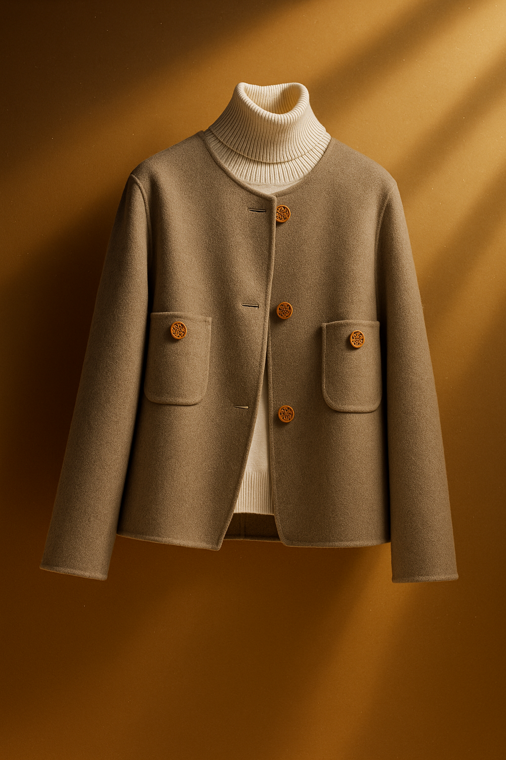 Woman wearing a button-front jacket with round neckline over a turtleneck sweater and beige trousers in natural light_19