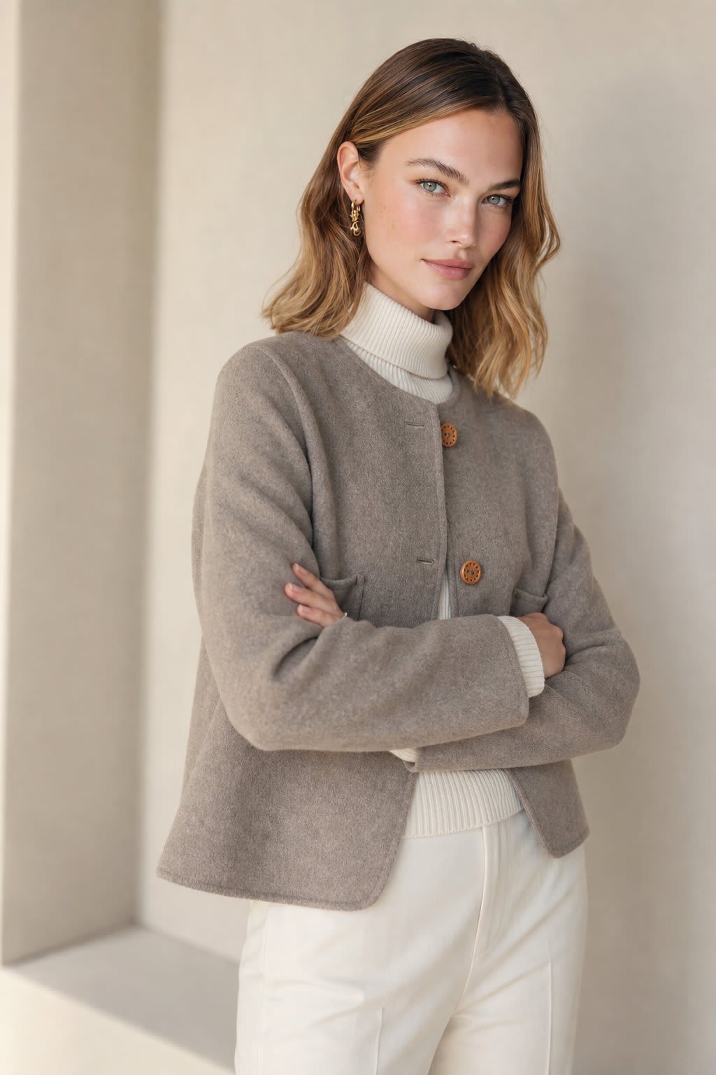 Woman wearing a button-front jacket with round neckline over a turtleneck sweater and beige trousers in natural light_2