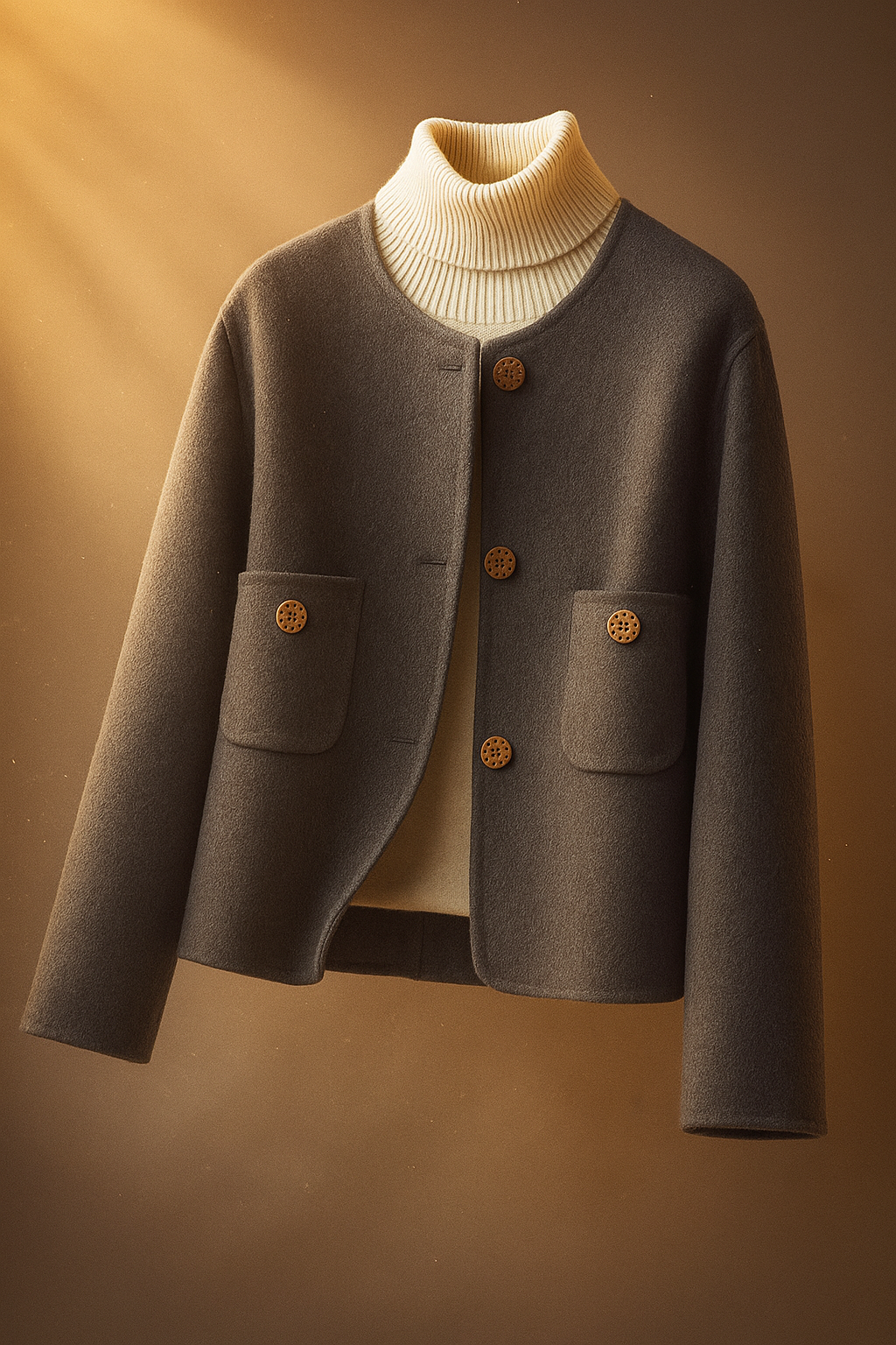 Woman wearing a button-front jacket with round neckline over a turtleneck sweater and beige trousers in natural light_20