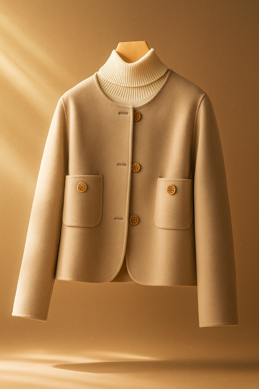 Woman wearing a button-front jacket with round neckline over a turtleneck sweater and beige trousers in natural light_21