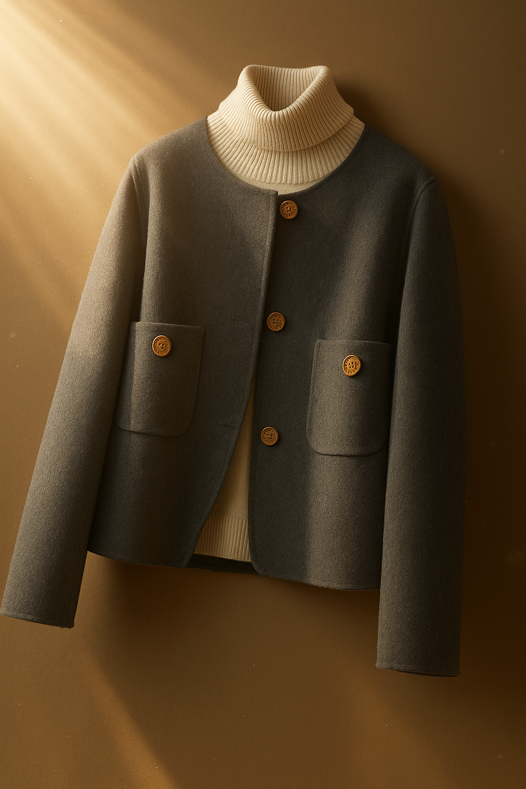Woman wearing a button-front jacket with round neckline over a turtleneck sweater and beige trousers in natural light_6