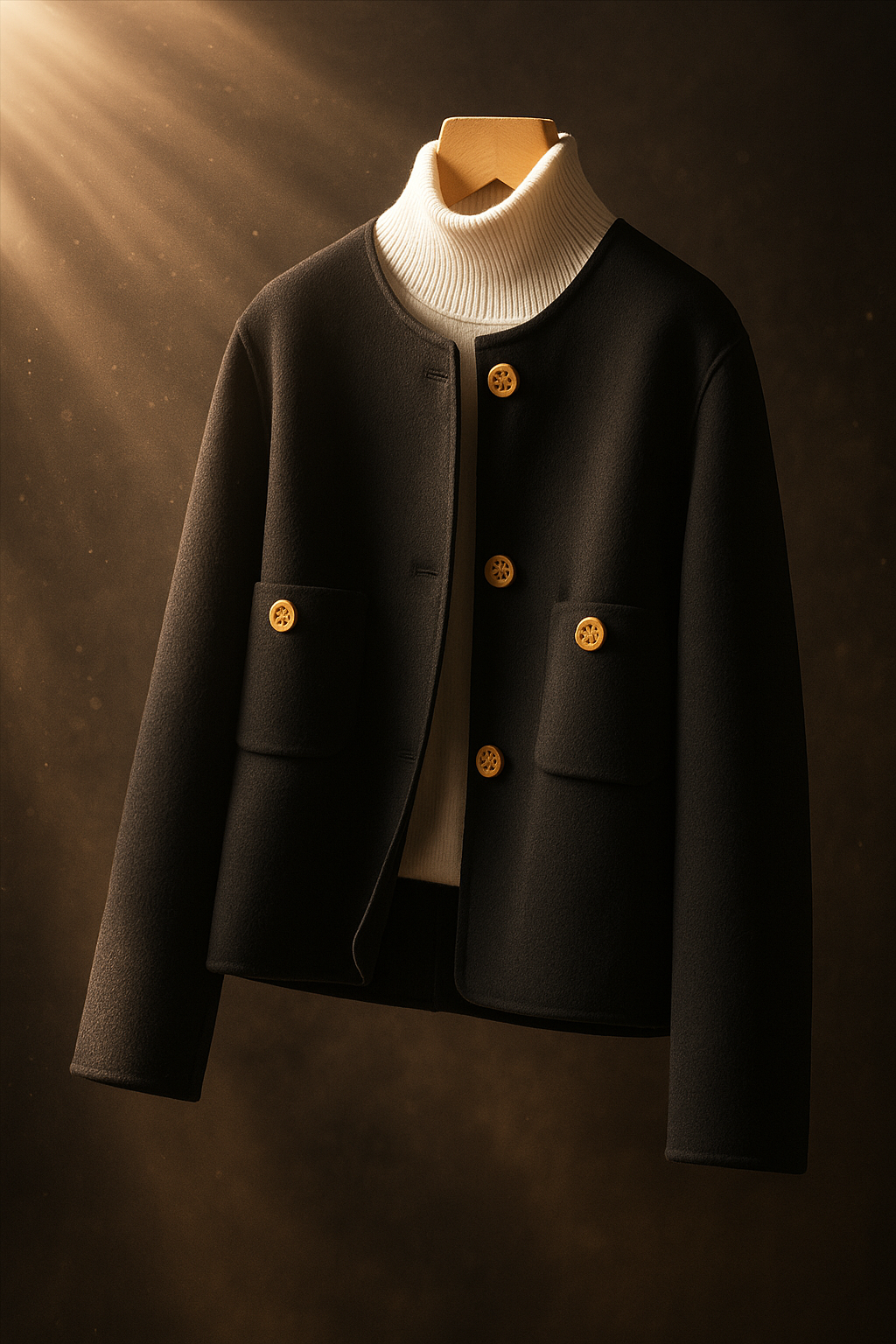Woman wearing a button-front jacket with round neckline over a turtleneck sweater and beige trousers in natural light_7