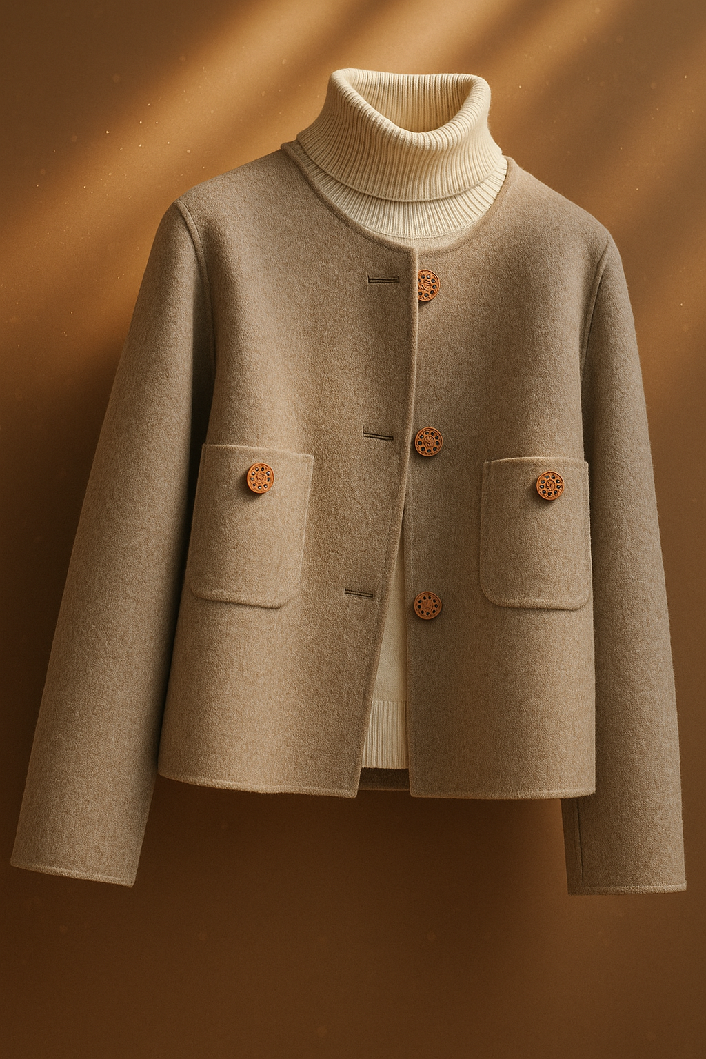 Woman wearing a button-front jacket with round neckline over a turtleneck sweater and beige trousers in natural light_8