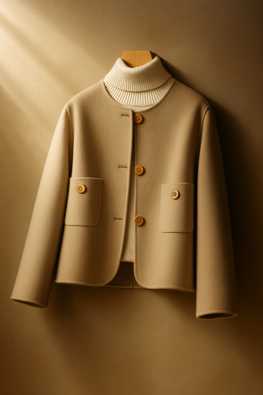 Woman wearing a button-front jacket with round neckline over a turtleneck sweater and beige trousers in natural light_9