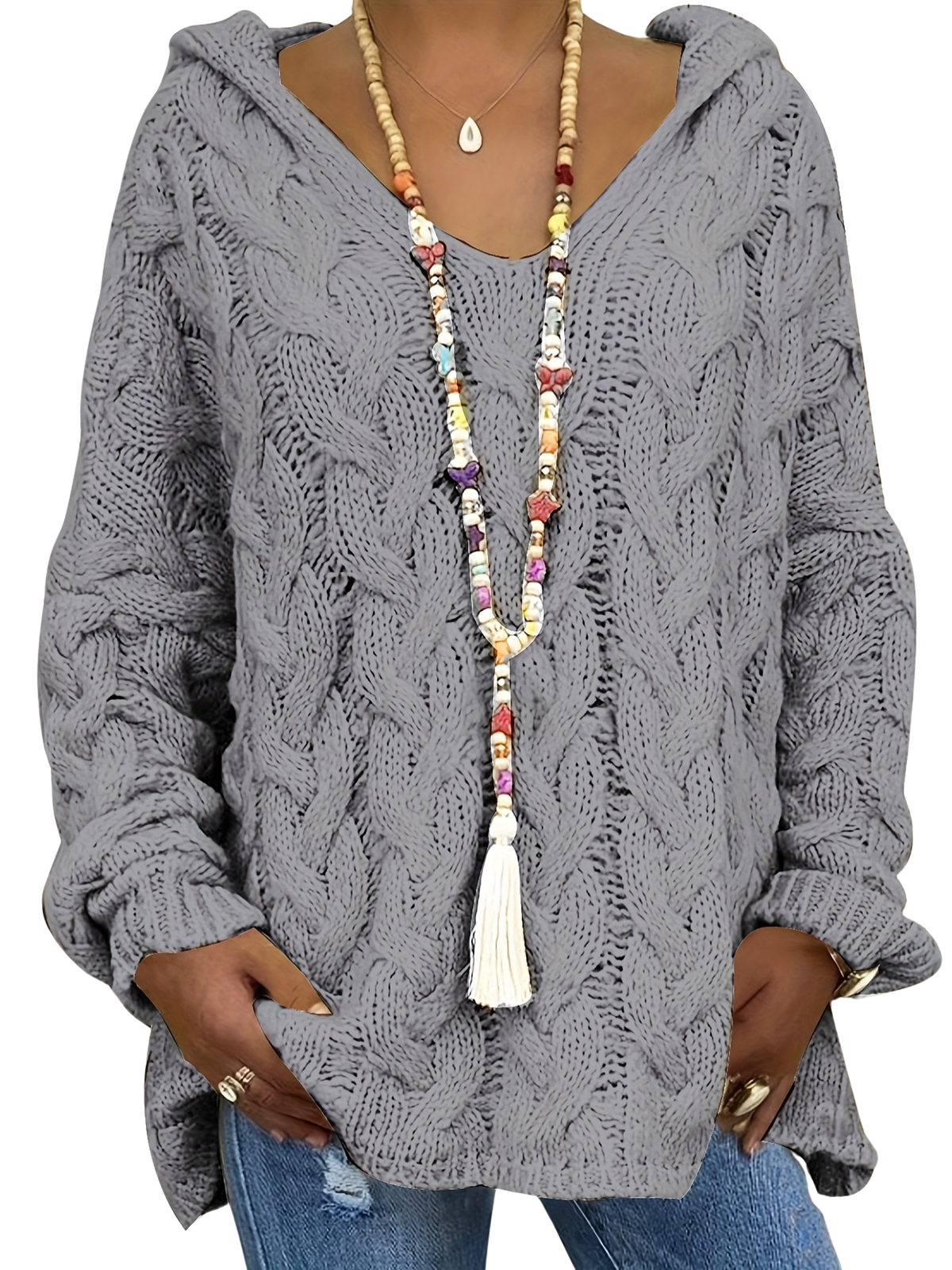 Linda | Cable Knit Oversized Hooded Sweater with Relaxed Fit