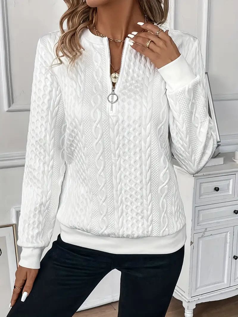 Woman wearing a textured cable knit zip-up sweater with ribbed cuffs and hem, styled with dark pants._3