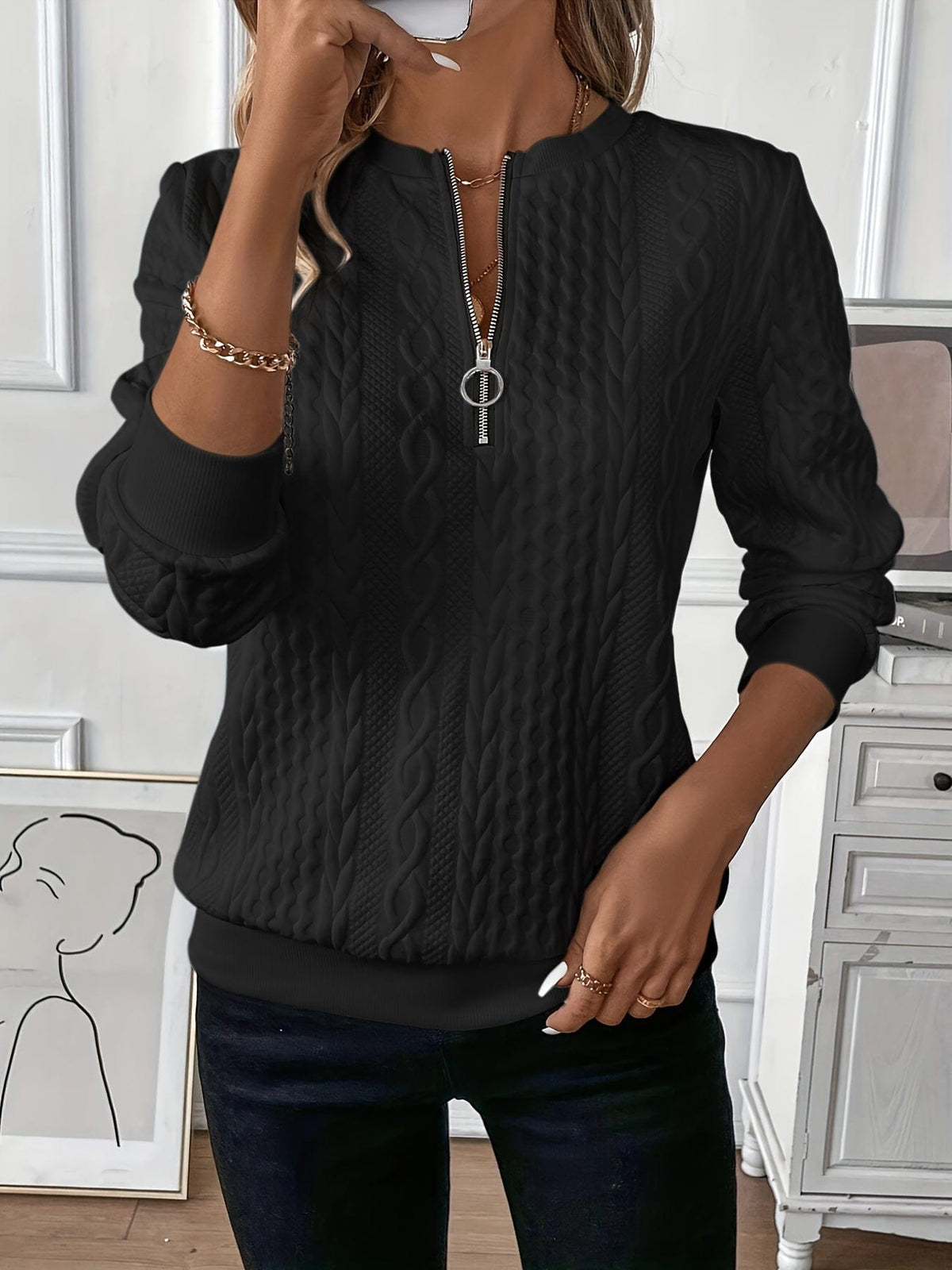 Freya | Cable Knit Zip-Up Sweater with Textured Pattern and Ribbed Hem