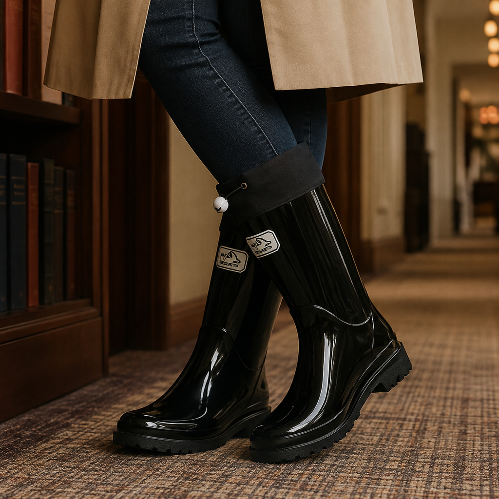Person wearing glossy black knee-high rain boots with a folded black cuff, drawstring toggle and chunky lug sole, paired with dark jeans and a tan coat._0