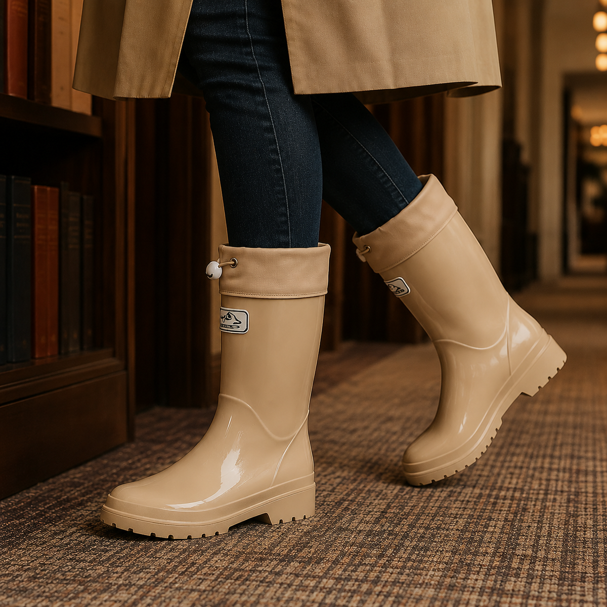 Carrie | Glossy black tall rain boots with drawstring cuff and lug sole