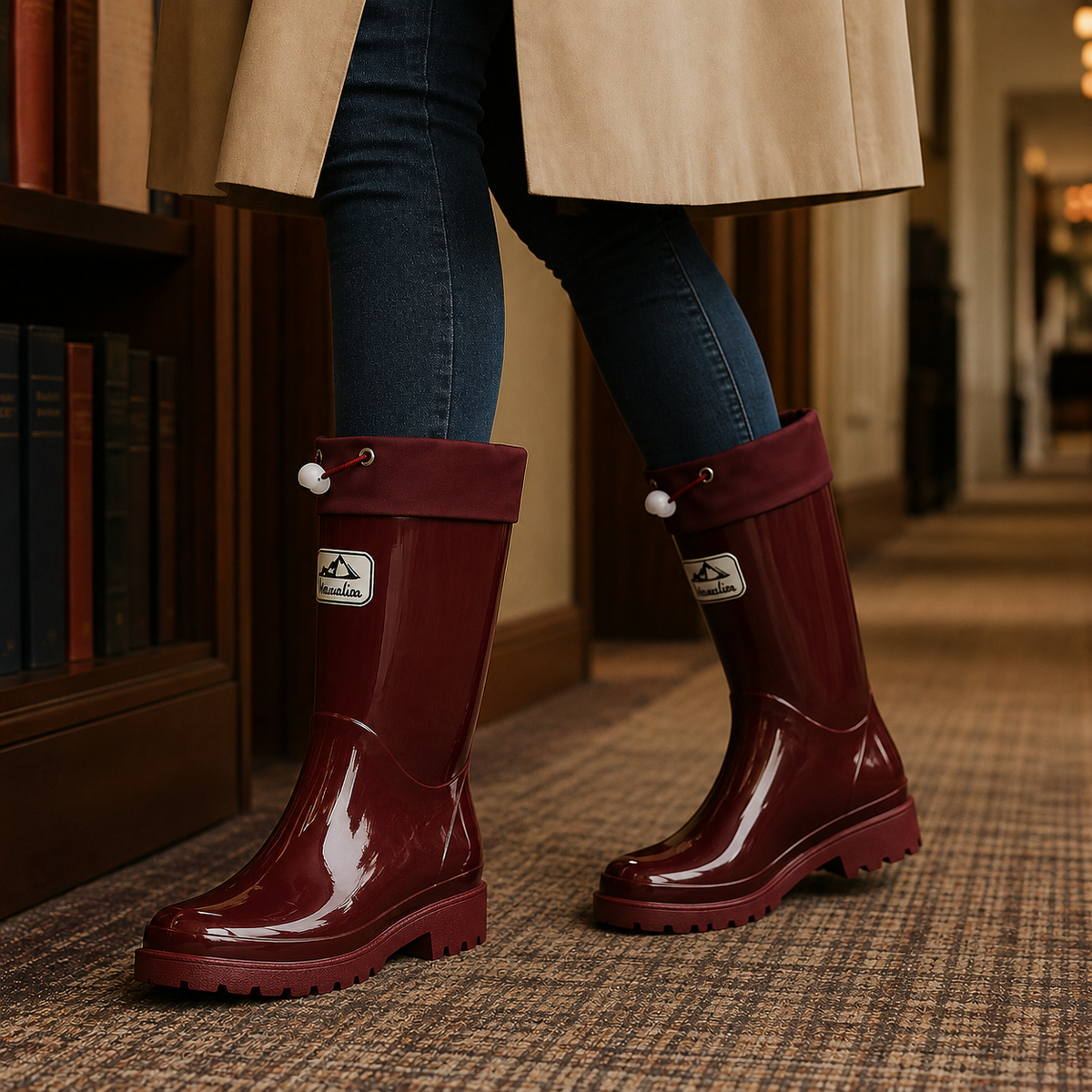 Carrie | Glossy black tall rain boots with drawstring cuff and lug sole