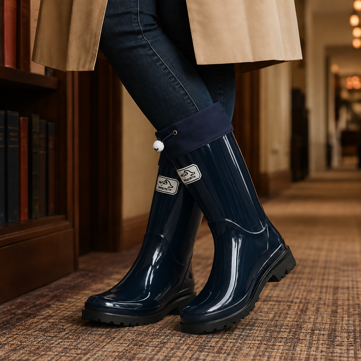 Carrie | Glossy black tall rain boots with drawstring cuff and lug sole