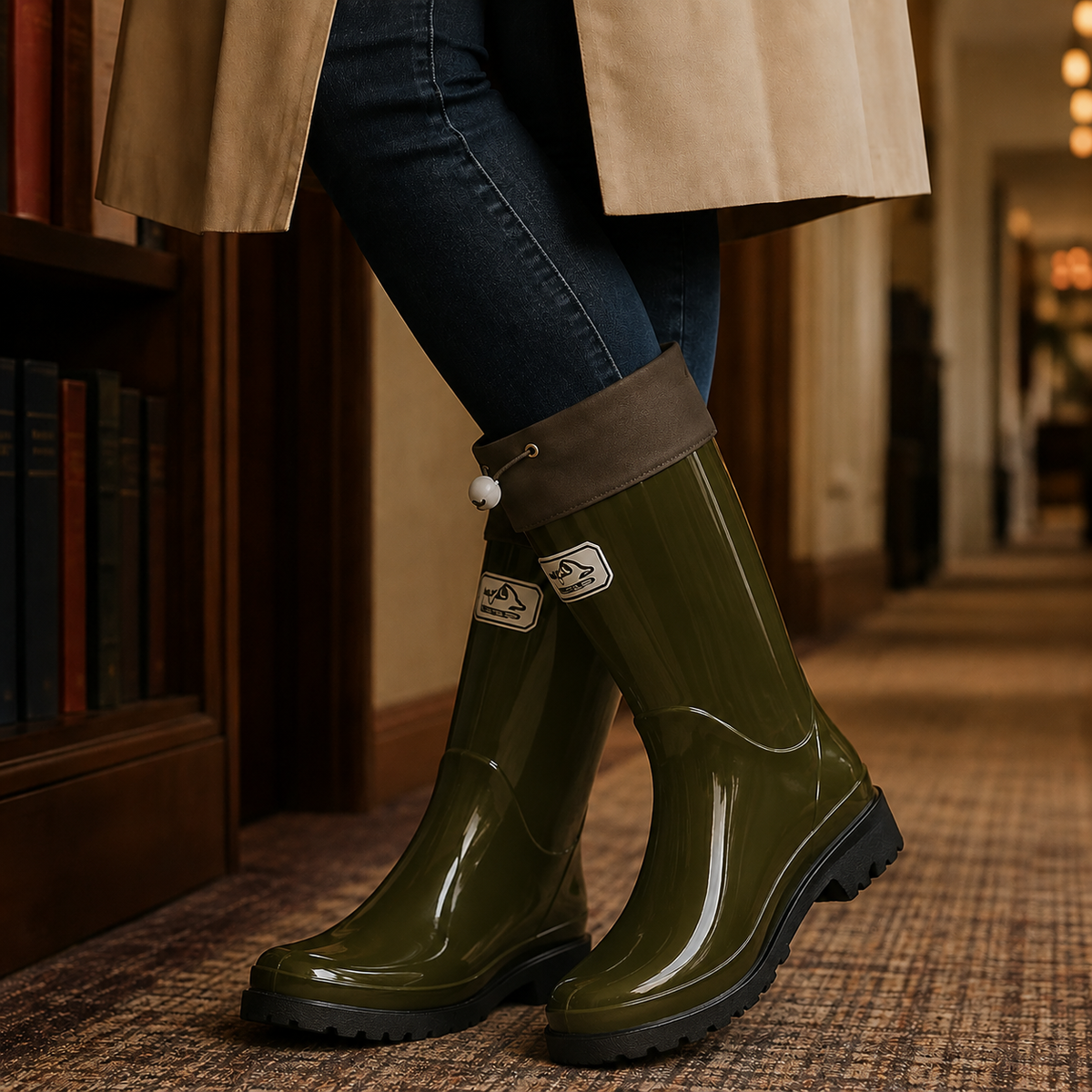 Carrie | Glossy black tall rain boots with drawstring cuff and lug sole