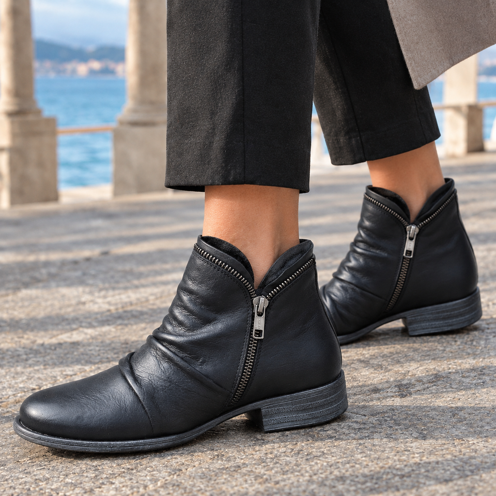 Person wearing mustard yellow leather-look ankle boots with curved side zips and low block heels, paired with dark grey cropped trousers on a stone waterfront promenade._1