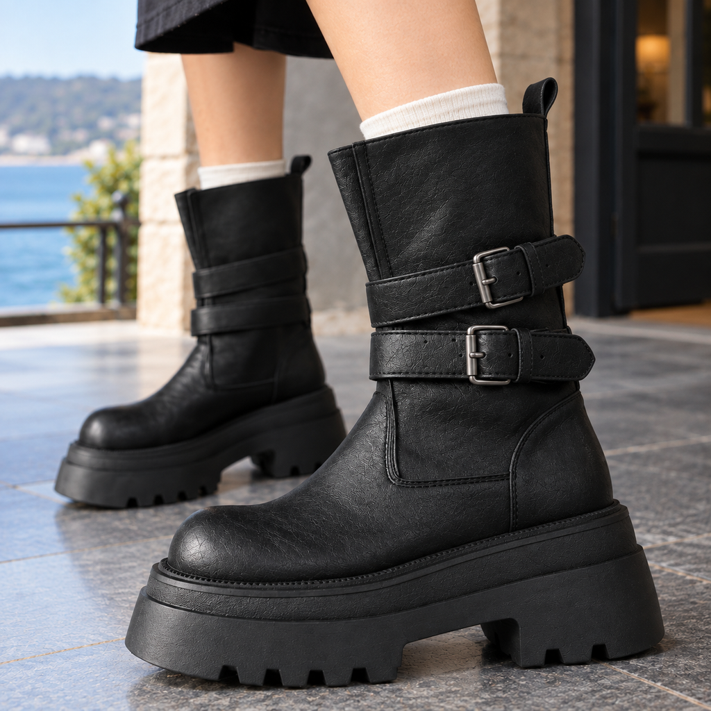 Black mid-calf boots with two buckled ankle straps and a thick lug platform sole, worn with white socks._1