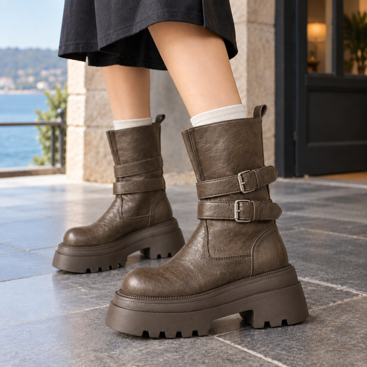Tegan | Black chunky platform mid-calf biker boots with double buckle straps