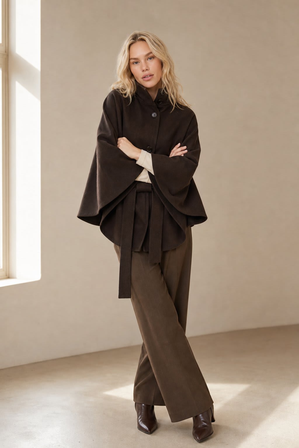 Emma | cape coat with stand collar and belted waist
