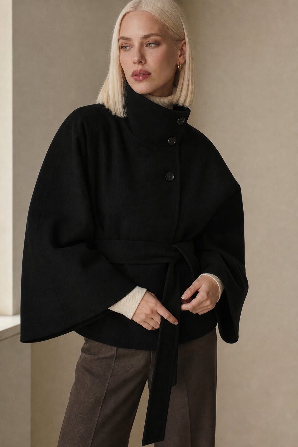 Emma | cape coat with stand collar and belted waist