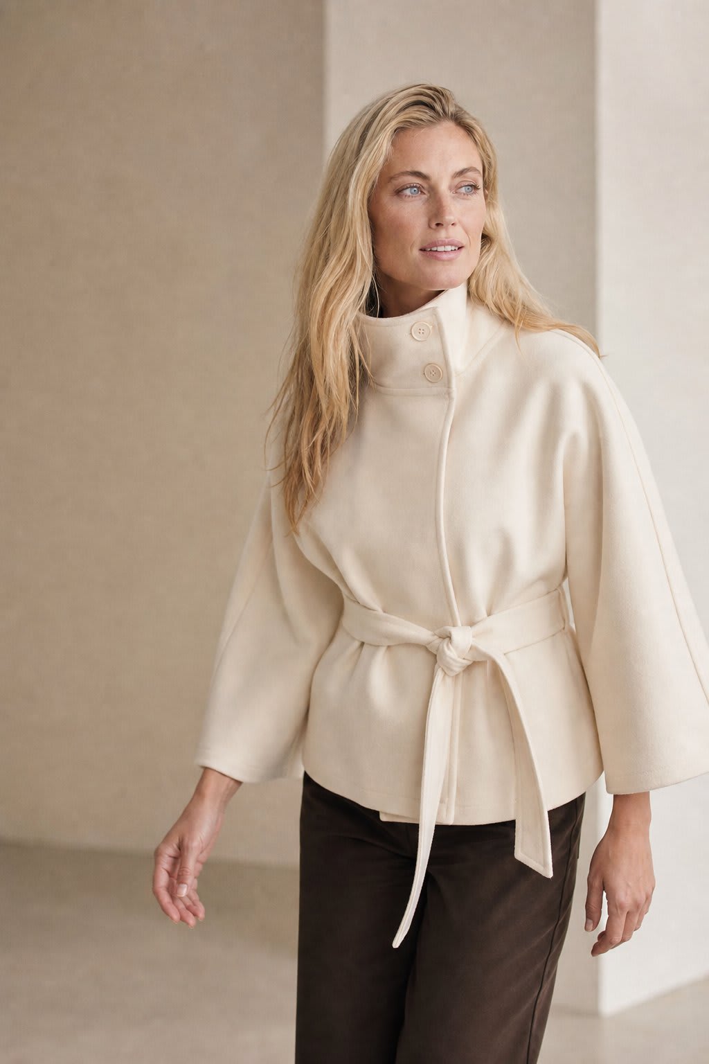 Emma | cape coat with stand collar and belted waist