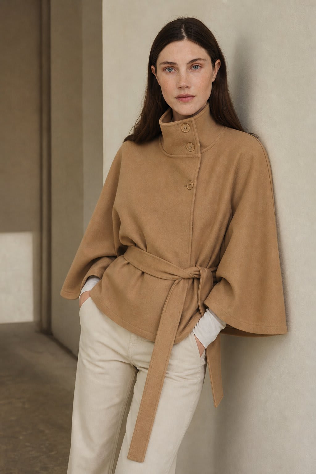 Woman wearing a short cape coat with stand collar, button details, and belted waist._8