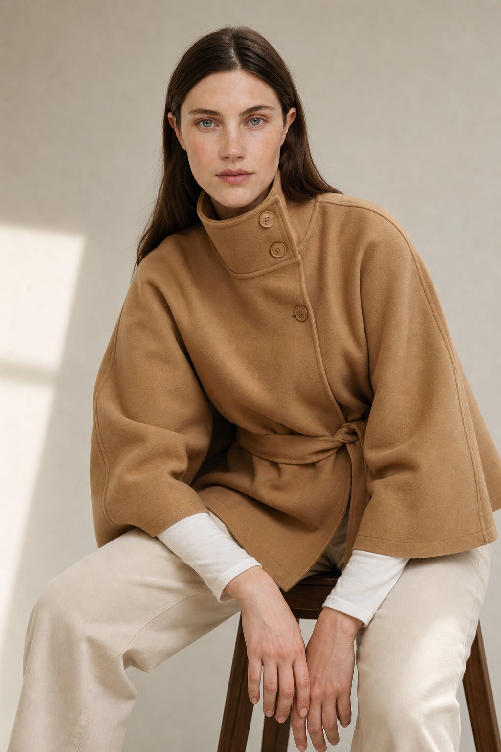 Emma | cape coat with stand collar and belted waist