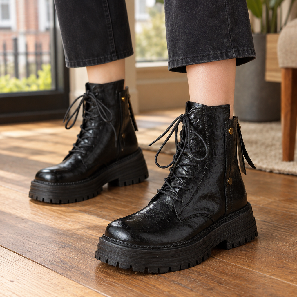 Person wearing black lace-up ankle boots with chunky treaded platform soles, side zips and gold-tone studs, with dark cropped jeans on a wooden floor._0