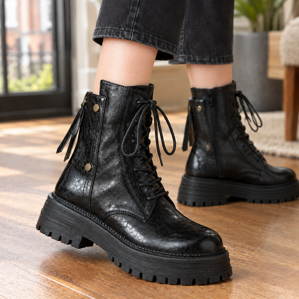 Person wearing black lace-up ankle boots with chunky treaded platform soles, side zips and gold-tone studs, with dark cropped jeans on a wooden floor._1