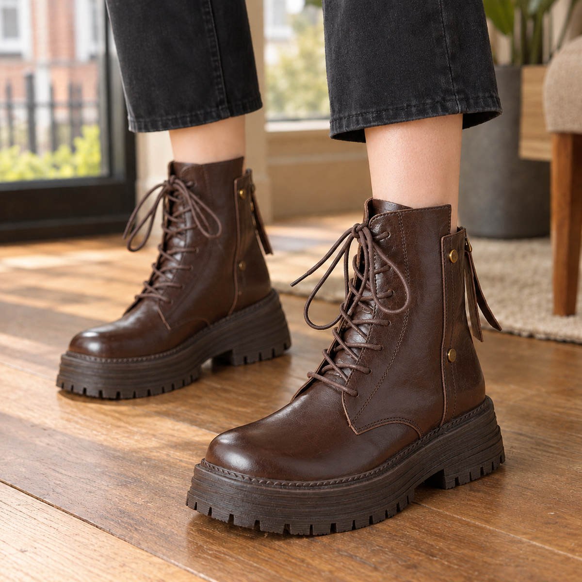 Natalie | Black lace-up chunky platform ankle boots with lug sole