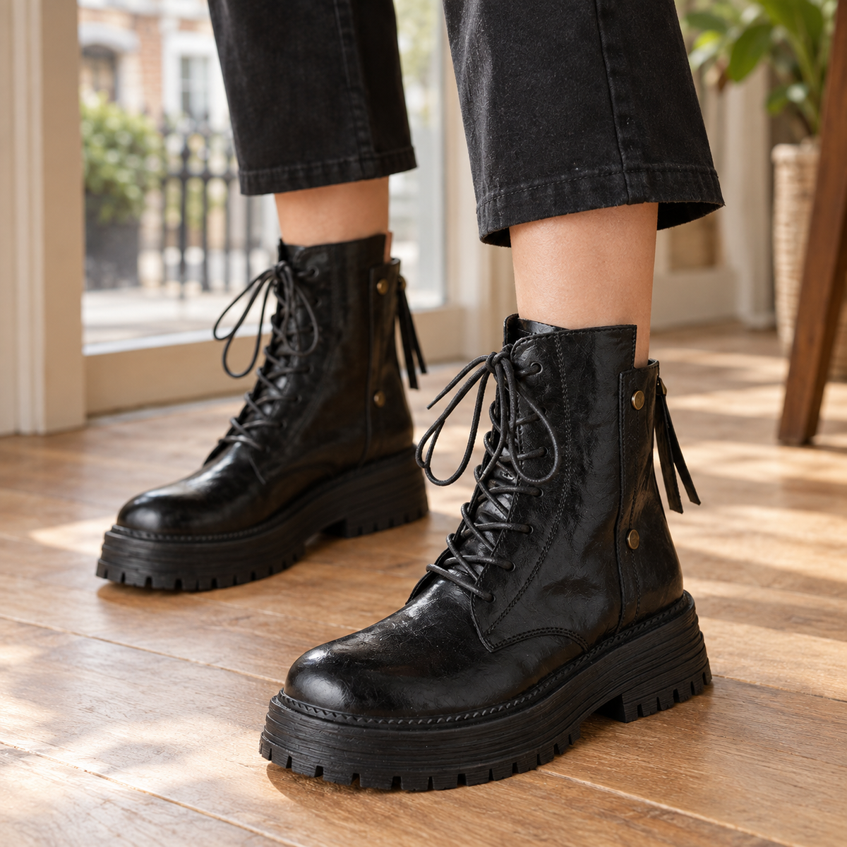 Person wearing black lace-up ankle boots with chunky treaded platform soles, side zips and gold-tone studs, with dark cropped jeans on a wooden floor._3