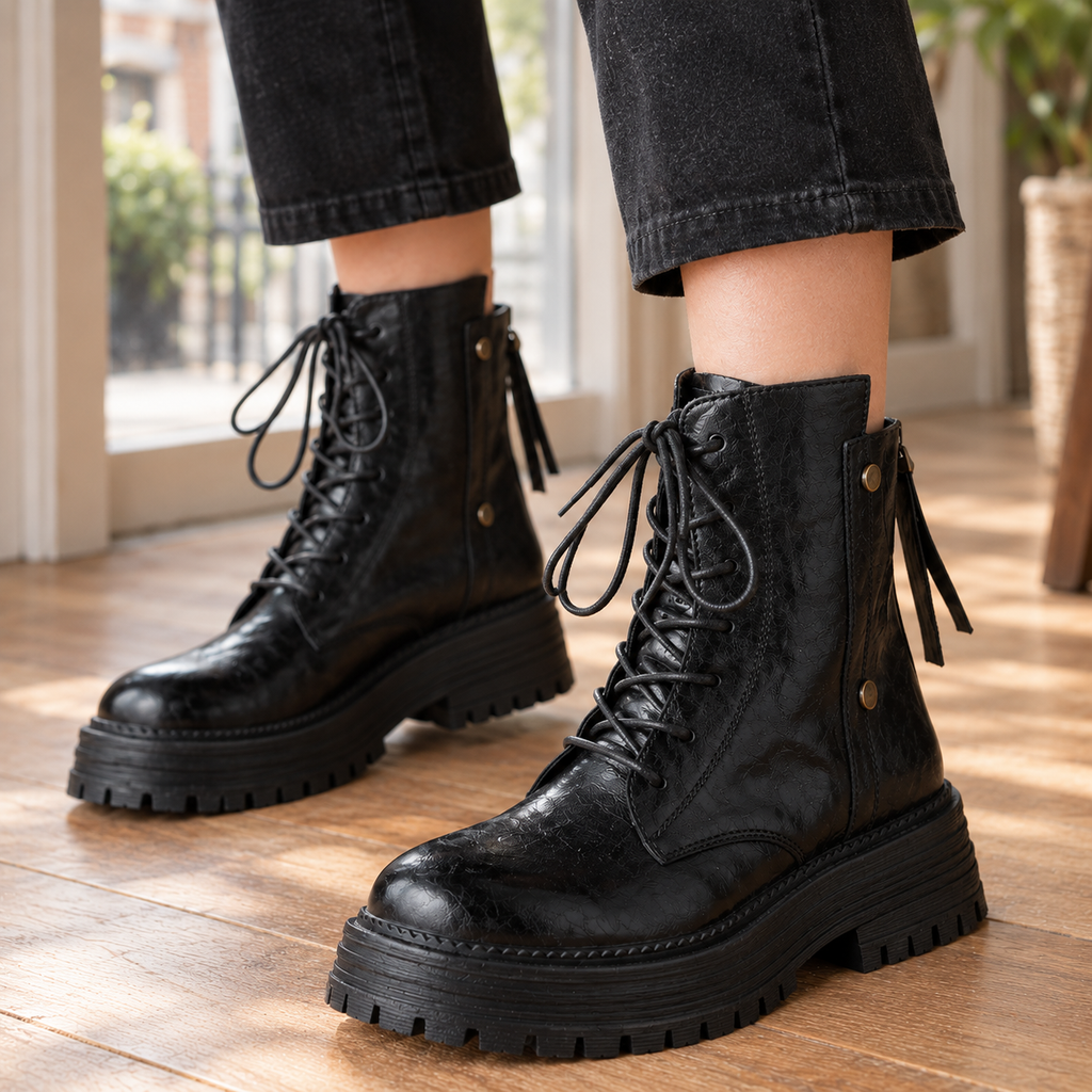 Person wearing black lace-up ankle boots with chunky treaded platform soles, side zips and gold-tone studs, with dark cropped jeans on a wooden floor._4