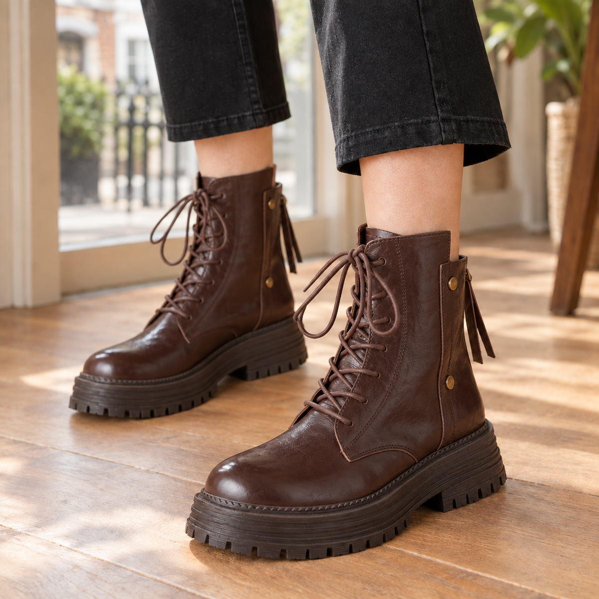 Person wearing black lace-up ankle boots with chunky treaded platform soles, side zips and gold-tone studs, with dark cropped jeans on a wooden floor._5