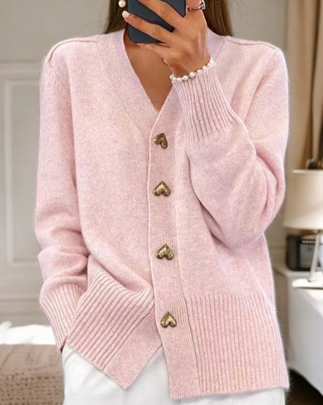Amelia | Cardigan with Heart Buttons and Ribbed V-Neck Detailing