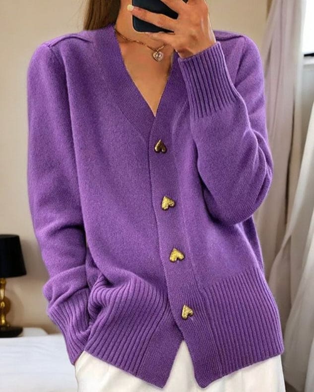 Amelia | Cardigan with Heart Buttons and Ribbed V-Neck Detailing