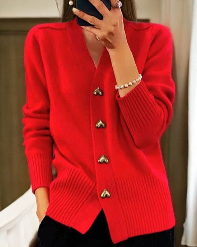 Amelia | Cardigan with Heart Buttons and Ribbed V-Neck Detailing