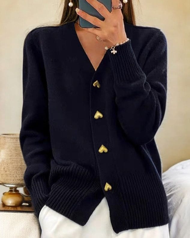 Amelia | Cardigan with Heart Buttons and Ribbed V-Neck Detailing