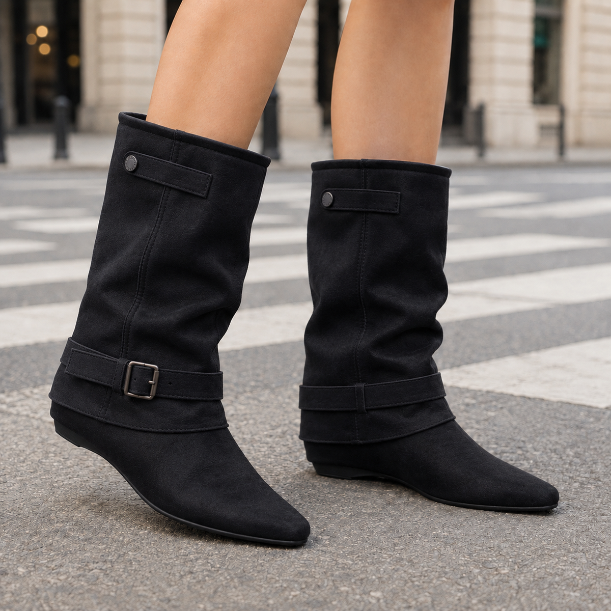 Clare | Black slouchy mid-calf boots with buckle strap and pointed toe