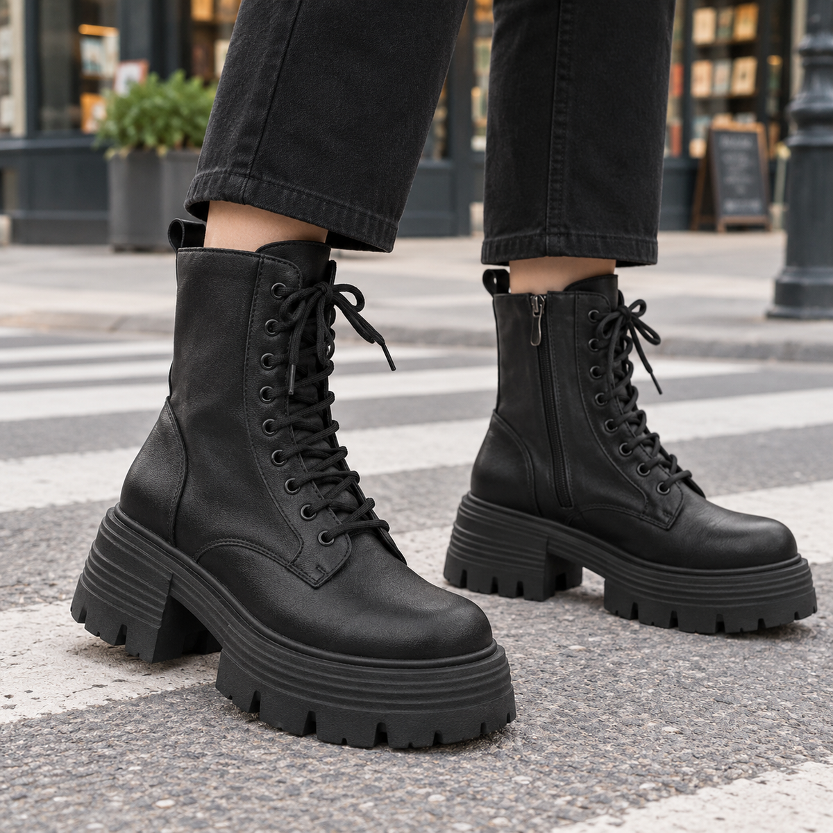 Person wearing black lace-up ankle boots with chunky platform lug soles and side zips, paired with dark cropped jeans on a city street._0