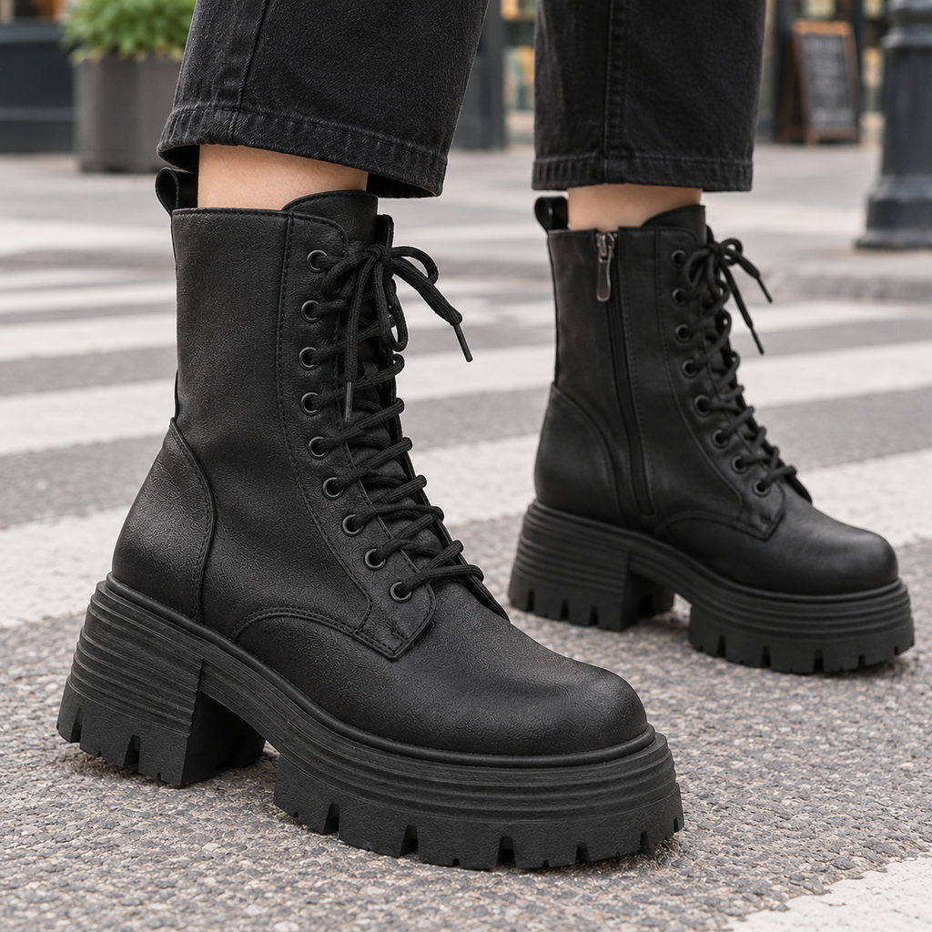 Person wearing black lace-up ankle boots with chunky platform lug soles and side zips, paired with dark cropped jeans on a city street._1