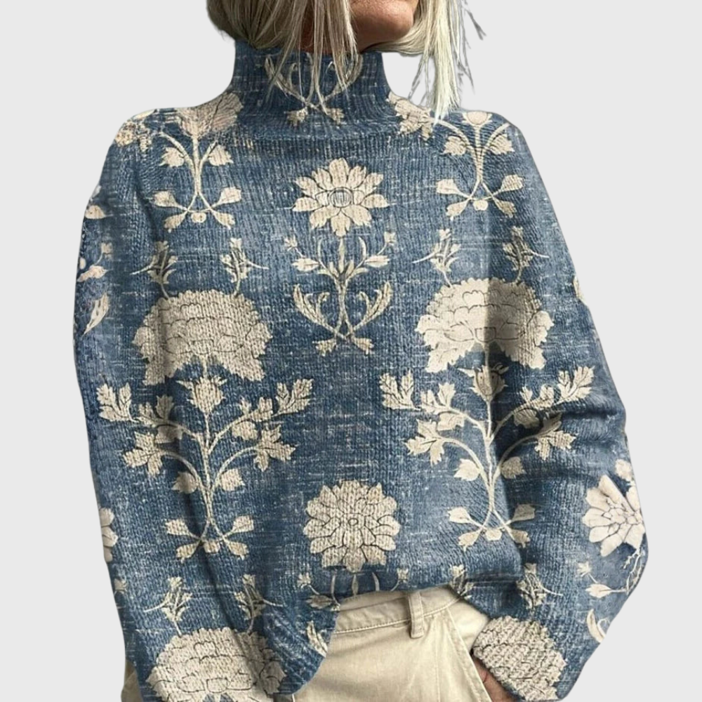 Maxine | Green forest animal print turtleneck knit sweater